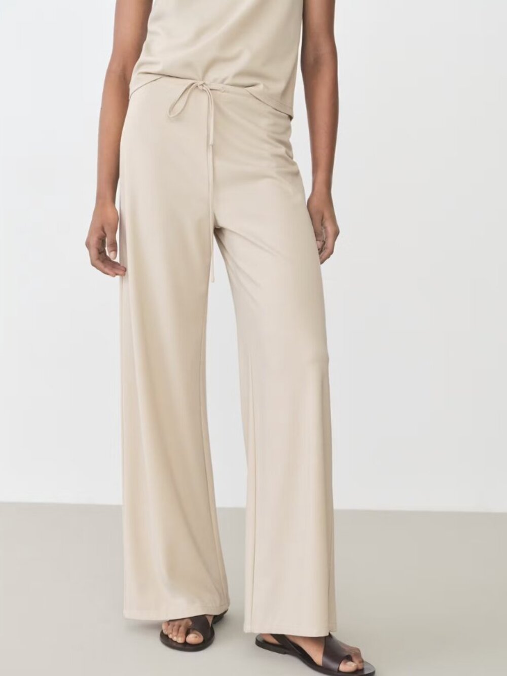 Mango MNG Wide leg trousers with elastic drawstring waist Beige NWT Medium